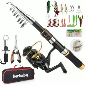 Fishing Pole Combo Set, 6.89ft Fishing Rod and Reel Combo, Carbon Fiber Telescopic Fishing Rod Kit with Spinning Reel, Fishing Pliers, Lip Gripper, Line, Lures, Carrier Bag for Beginner Angler