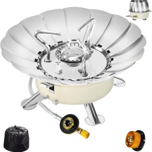 Windproof Camping Stove with Piezo Ignition, Portable Gas Stove for Camping, Backpacking Camp Stove for Outdoor Cooking, Folding Lotus Windshield, Small Adjustable Burner for BBQ, Hiking, Picnic
